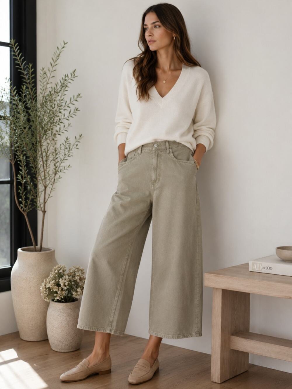 COS Cropped Wide Leg Jeans Cotton Ashen Sage Green Sz 28 $130 {JJ13}